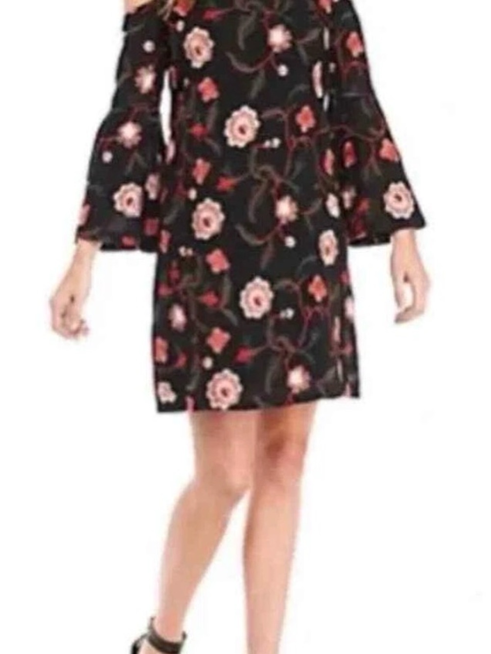 Luxology Black Floral Off-Shoulder Mini Dress Embroidered with Bell Sleeves
